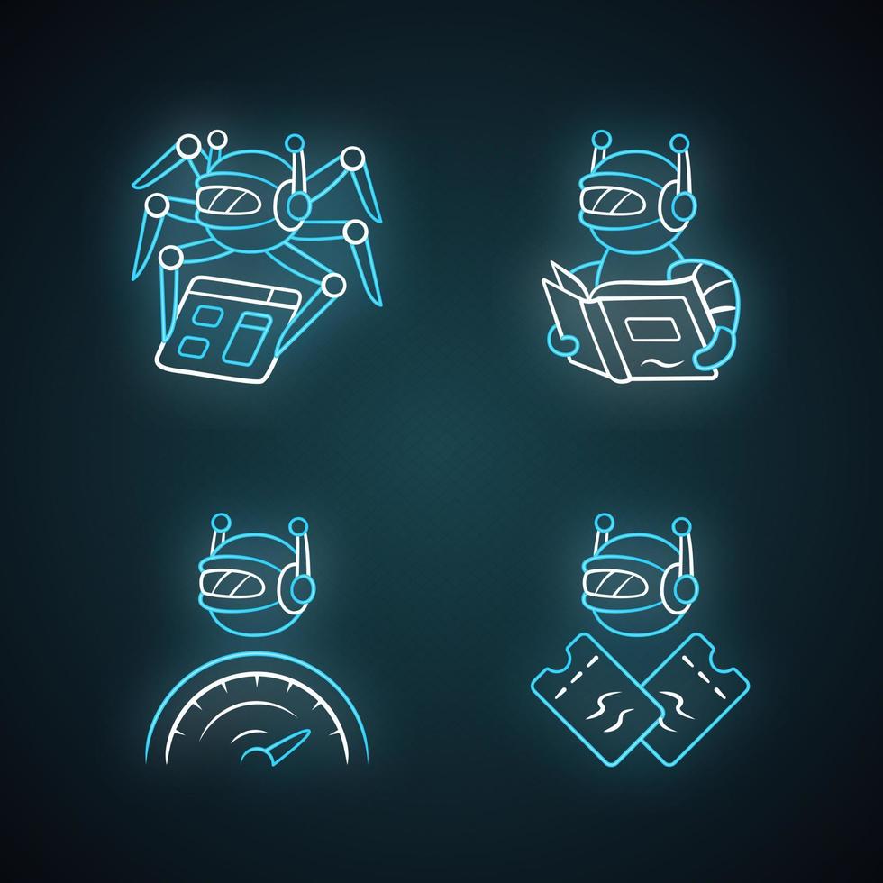 ensemble d'icônes de lumière néon de bots Internet. crawler, lecteur de texte, optimiseur, robot scalpeur. intelligence artificielle. ai. application logicielle. assistant virtuel. signes lumineux. illustrations vectorielles isolées vecteur