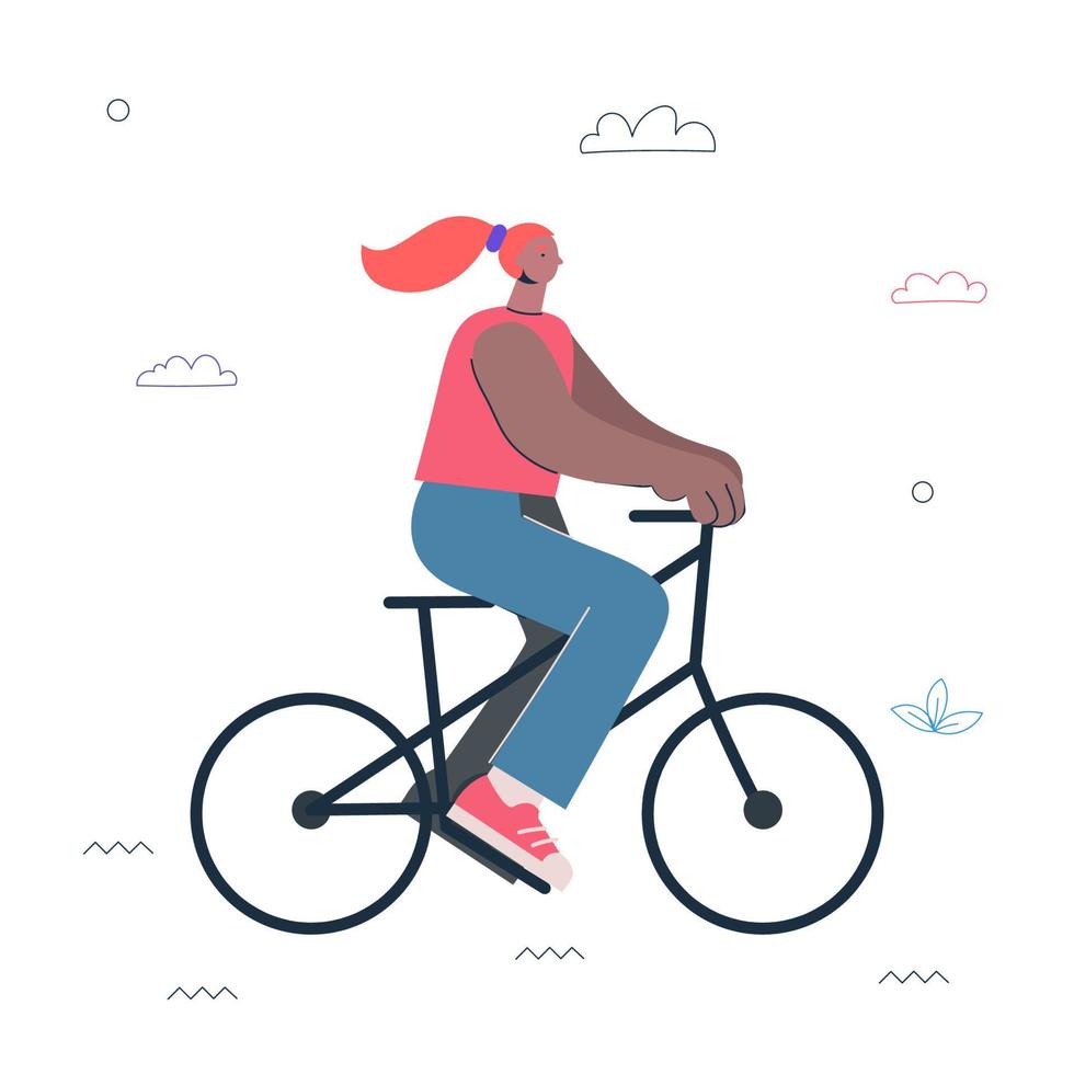 fille hipster à vélo. jeune femme cycliste exercice. mode de vie actif sain et concept créatif de sport. personne de sexe féminin faire du vélo. illustration vectorielle eps vecteur