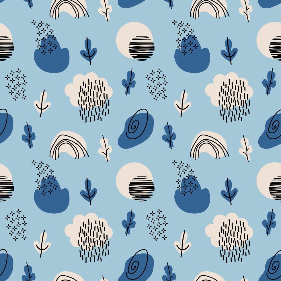 motif harmonieux abstrait de doodle bleu avec nuage, arc-en-ciel, arbre, pluie et lune. fond de textures dessinées à la main à la mode. conception abstraite pour papier, tissu, décoration intérieure, emballage vecteur