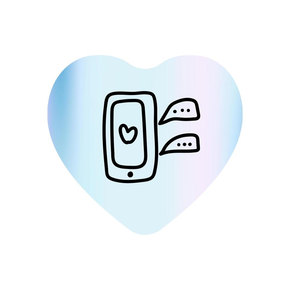 chat d'icône de doodle de saint valentin dans le smartphone, lettre valentine en forme de coeur dégradé. message d'amour. illustration dessinée à la main pour le web, la bannière, la carte de voeux, l'impression, le dépliant, l'affiche, les vacances vecteur