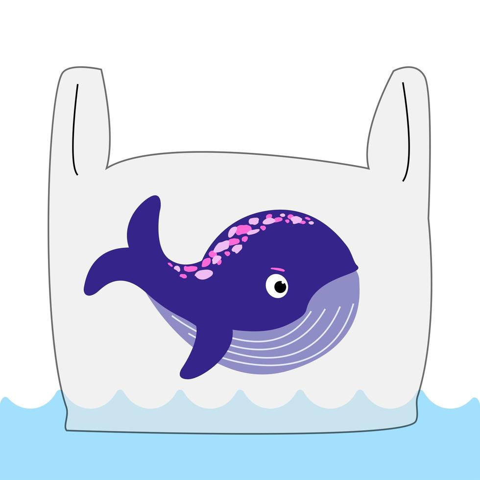 baleine violette en colère dans un sac en plastique sur le fond de l'océan. concept de la journée mondiale des baleines. contribuer à protéger les animaux marins et l'environnement. illustration vectorielle plate vecteur