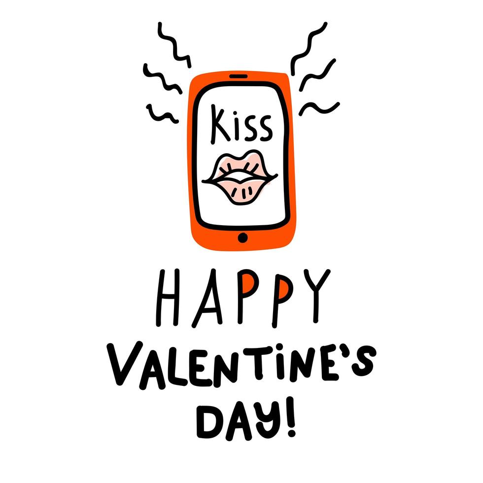 saint valentin doodle icône téléphone mobile avec lèvres, baiser de lettrage et bonne saint valentin. décoration d'amour internet. dessinés à la main, dessin au trait, vecteur plat et lettrage pour le web, bannière, carte, autocollant