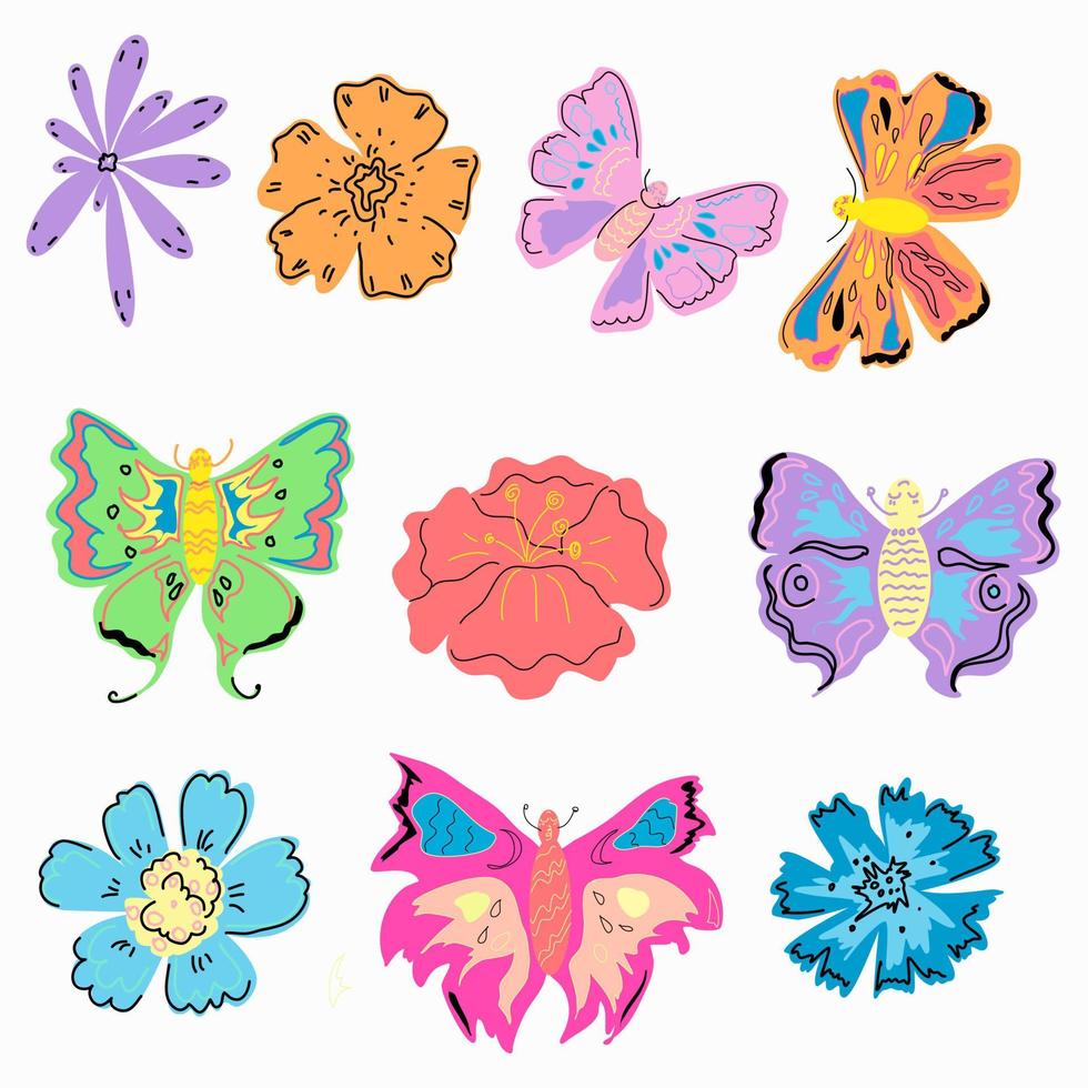 un ensemble de papillons et de fleurs abstraits lumineux. vecteur