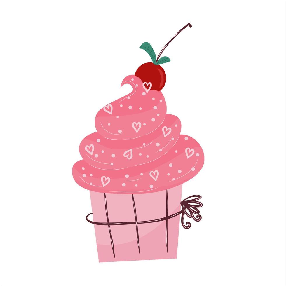 gâteau de la saint-valentin. muffins à la crème de fraise et à la cerise. une boulangerie avec un coeur et un arc pour la saint valentin. illustration vectorielle dans un style plat dessiné à la main vecteur