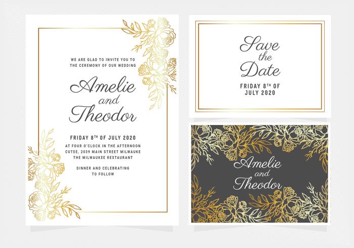 Invitation de mariage Floral Vector Or