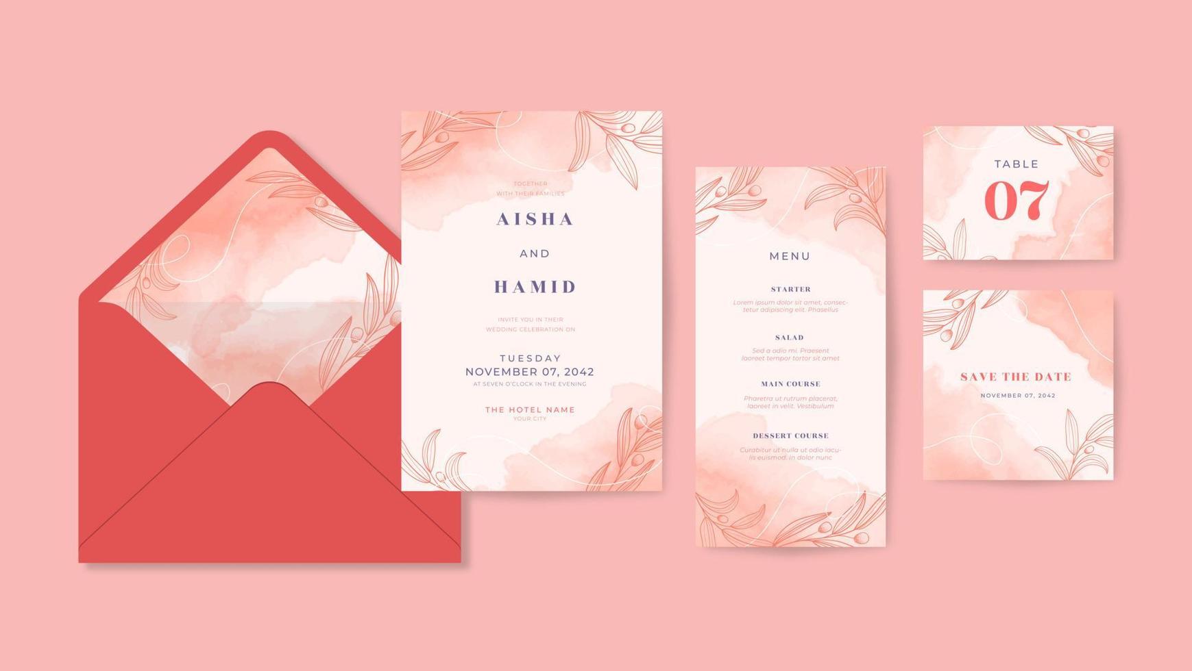 collection d'invitations de mariage avec une belle aquarelle rose vecteur