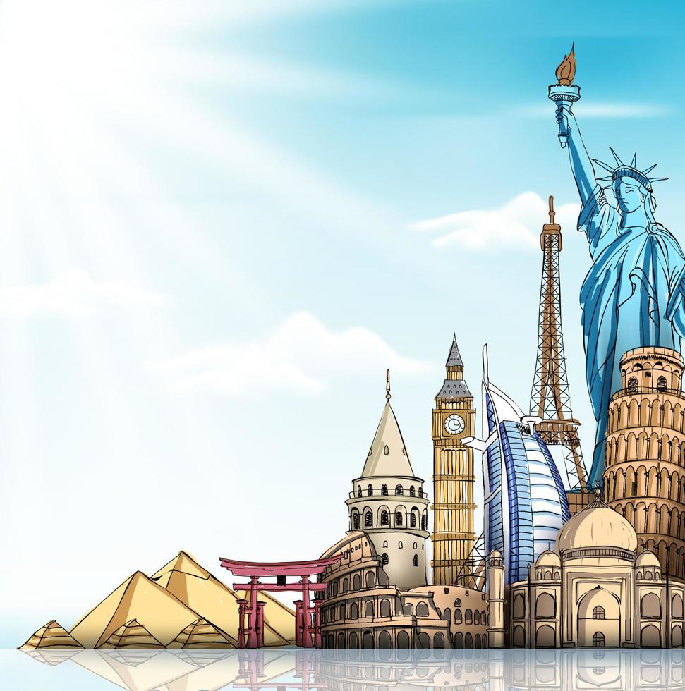 fond de voyage et de tourisme avec des monuments célèbres du monde dans des éléments de dessin 3d réalistes et croquis. vecteur