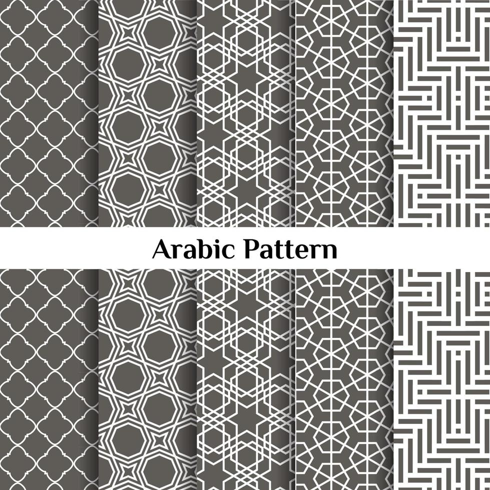 ensemble de 5 arrière-plans de motifs arabes. ornement musulman géométrique. palette de couleurs gris sur blanc. illustration vectorielle de texture islamique. papier peint arabe traditionnel vecteur