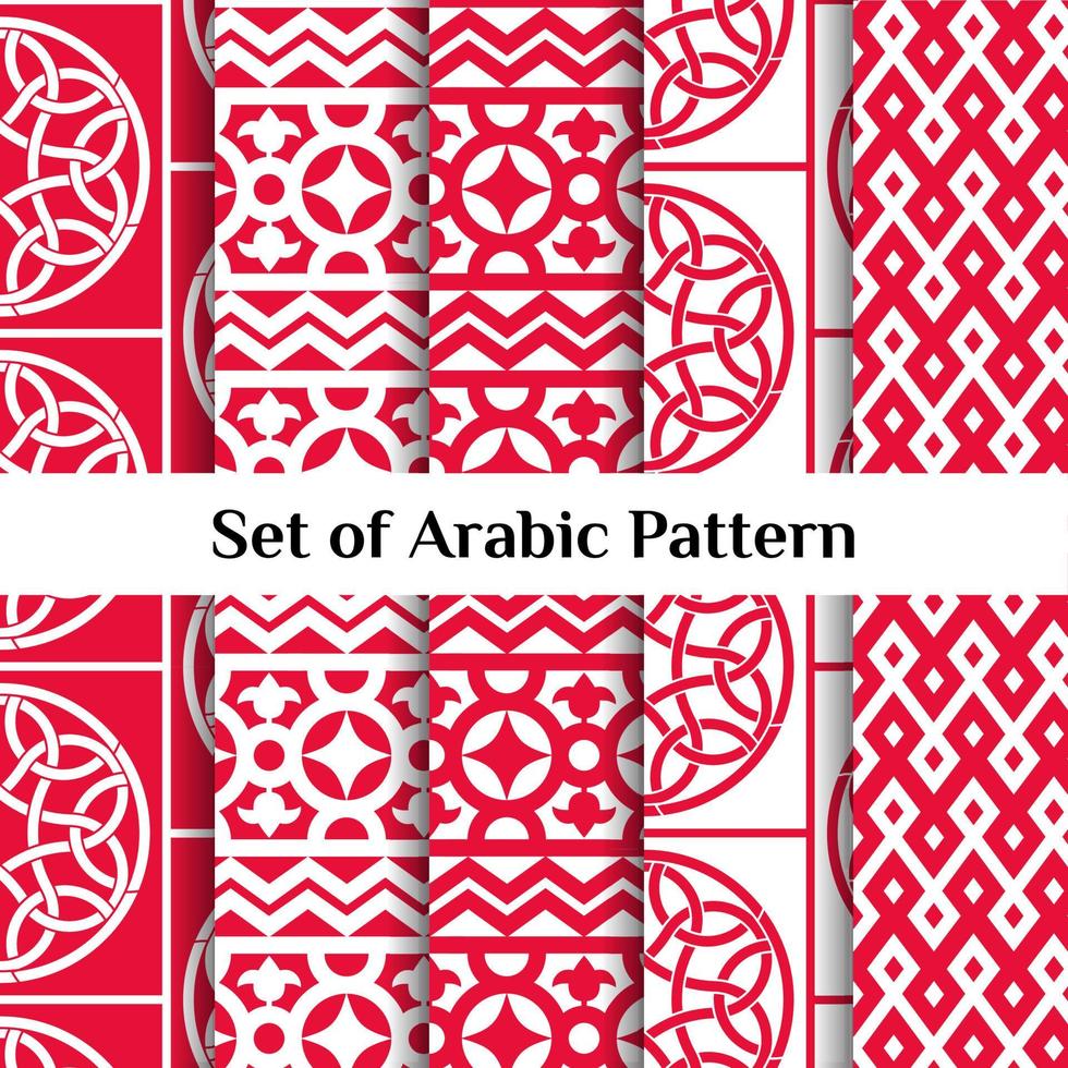 ensemble de 5 arrière-plans de motifs arabes. ornement musulman géométrique. palette de couleurs rouge sur blanc. illustration vectorielle de texture islamique. papier peint arabe traditionnel vecteur