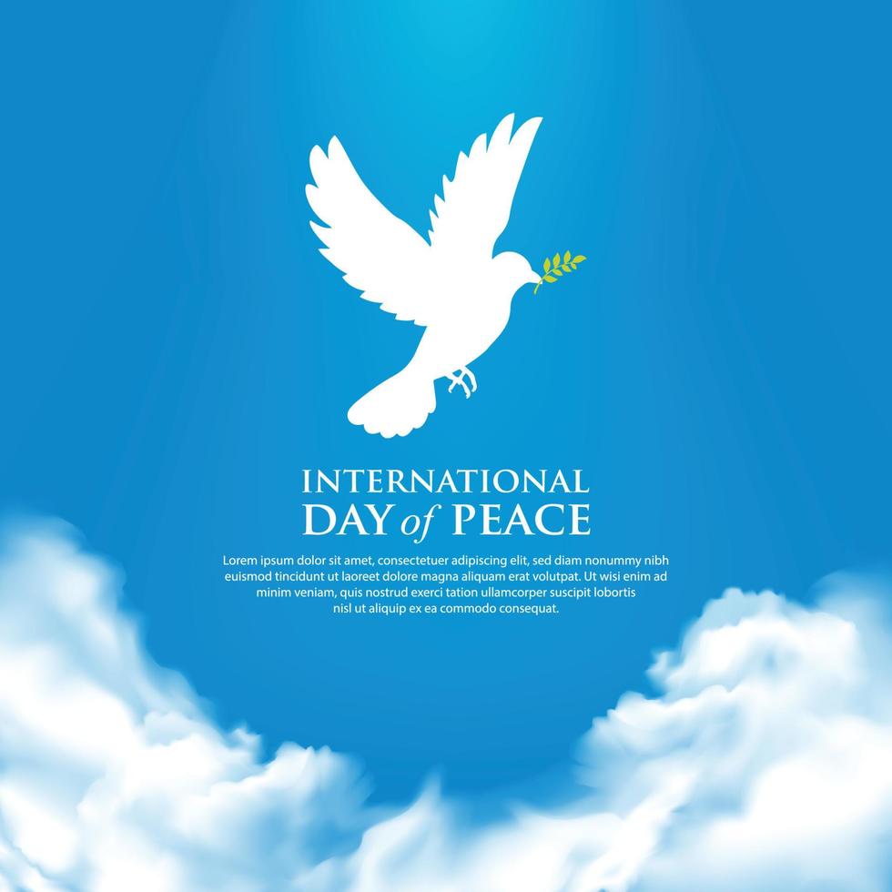 fond de journée internationale de la paix avec ciel bleu, pigeon et nuage. modèle de jour de la paix vecteur