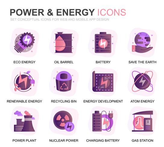 Modern Set Power Industry et icônes de dégradé d&#39;énergie plat pour site Web et applications mobiles. Contient des icônes telles que panneau solaire, énergie écologique, centrale électrique. Icône plate couleur conceptuelle. Pack de pictogrammes de vec vecteur