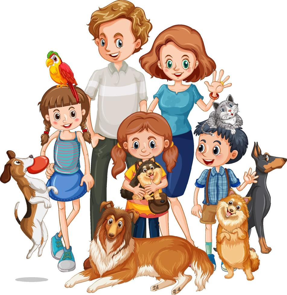 famille heureuse avec leurs animaux de compagnie en style cartoon vecteur