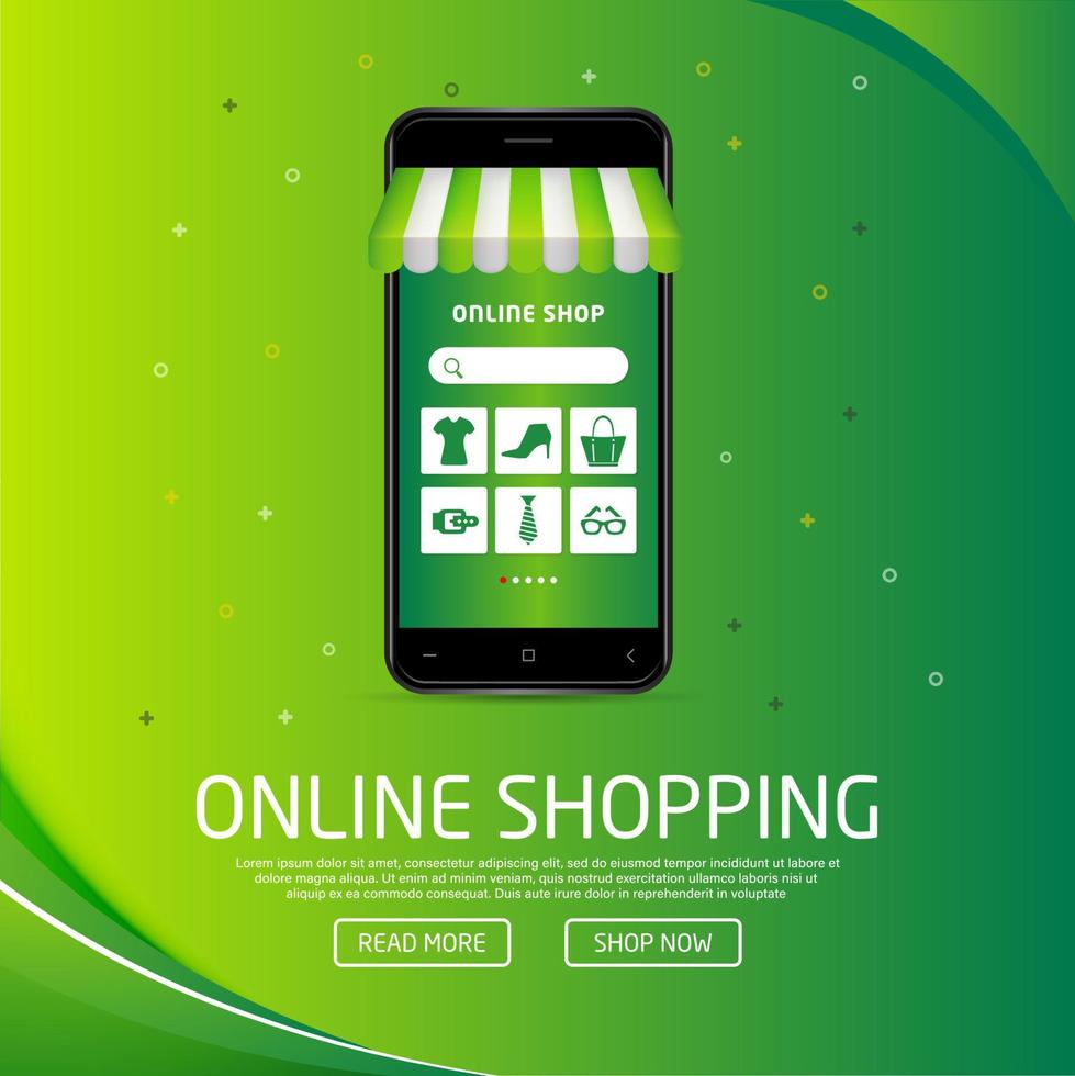 conception de magasinage en ligne réaliste verte avec smartphone. achats en ligne sur des sites Web ou des concepts d'applications mobiles parfaits pour le marketing, la promotion et le marketing numérique. vecteur