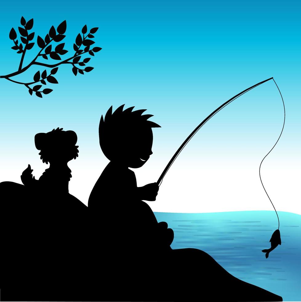 fond de meilleur ami, silhouette de garçon avec son chien mignon .boy pêche en rivière. illustration vectorielle vecteur