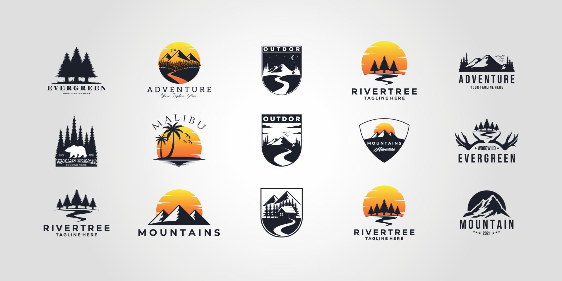 set bundle montagne bundle montagne aventure paysage extérieur logo vector set illustration design collection, camping, sauvage, vie, style, passe-temps, sport