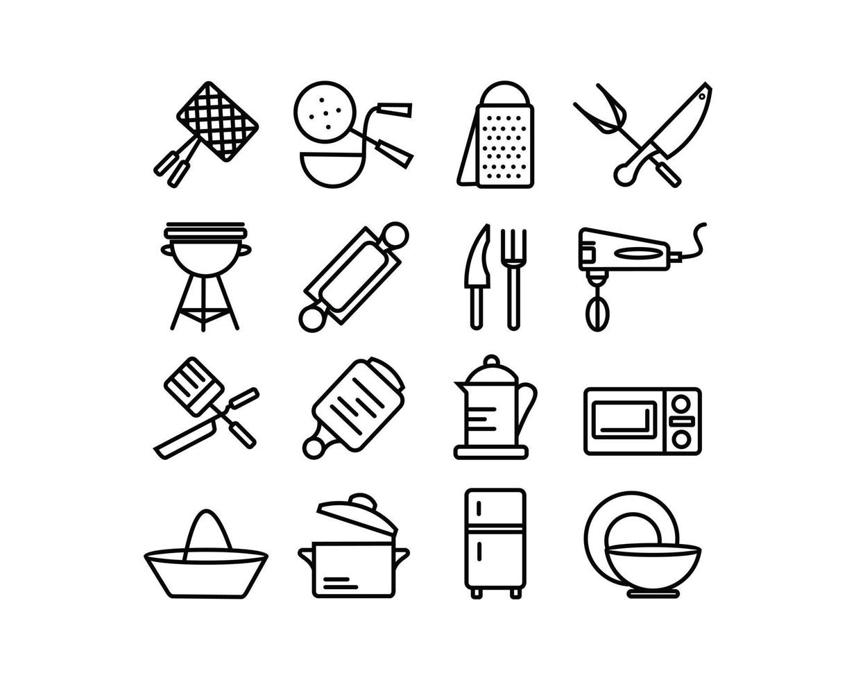 Ensemble d'icônes de ligne d'outils de cuisine, collections de concept d'équipement de cuisine. vecteur