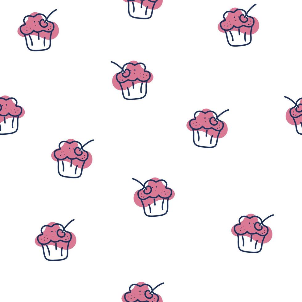 modèle sans couture de muffins. gâteaux sucrés avec fond de cerises. pour les menus des restaurants, des magasins et de l'imprimerie, du papier peint, du textile. illustration de dessin animé de vecteur