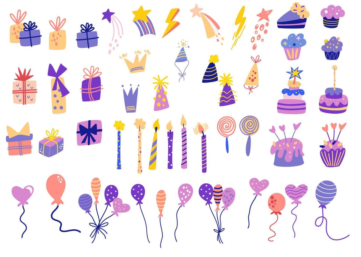 articles d'anniversaire. petits gâteaux de fête sucrés, rubans, ballons colorés et cadeaux d'anniversaire. grand ensemble d'éléments de carnaval de dessin animé. tout pour des vacances, une fête et un anniversaire. illustration vectorielle. vecteur