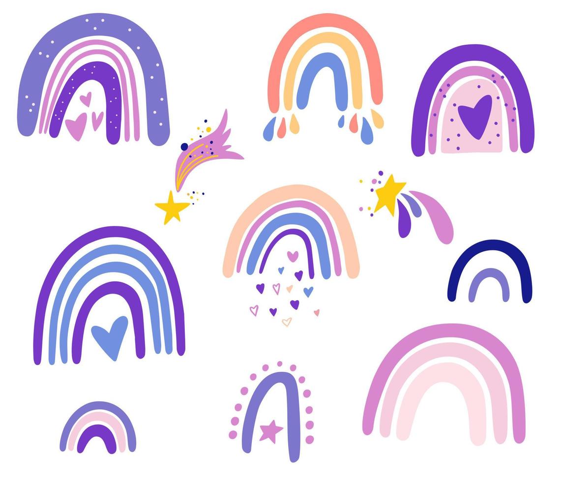 collection d'arcs-en-ciel. bébé arc-en-ciel avec coeurs, nuages, pluie dans le style scandinave. parfait pour les enfants, les affiches, les imprimés, les cartes postales, le tissu. illustration de dessin animé de vecteur