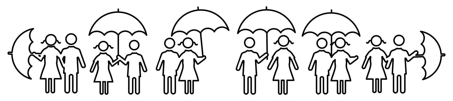 homme et femme avec jeu d'icônes de parapluie, hommes et femmes sous la pluie dans différentes poses vecteur