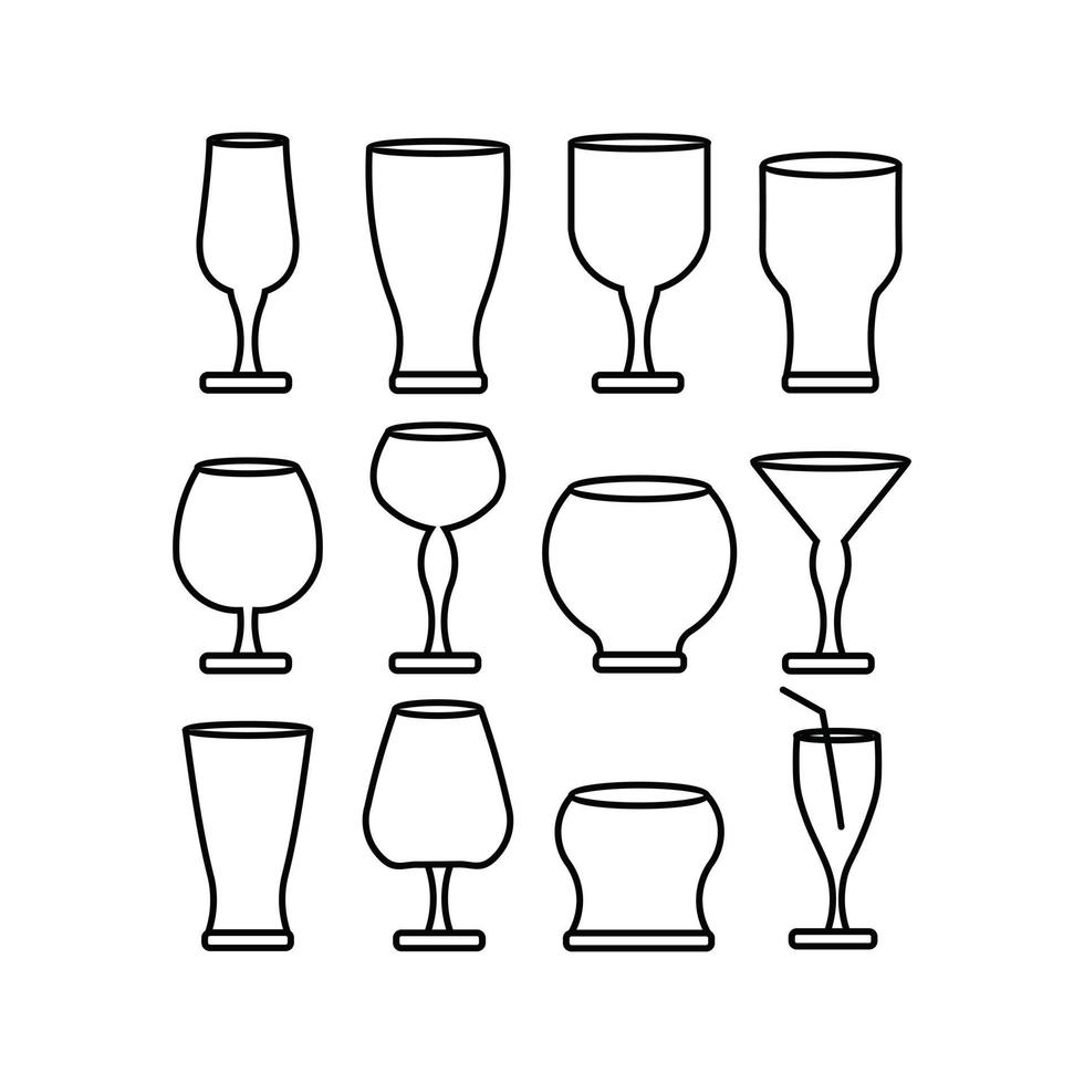 Ensemble plat d'icônes de ligne de verre à cocktail, collection de symboles vectoriels de contour, ensemble de verre comprend des icônes à plat vecteur