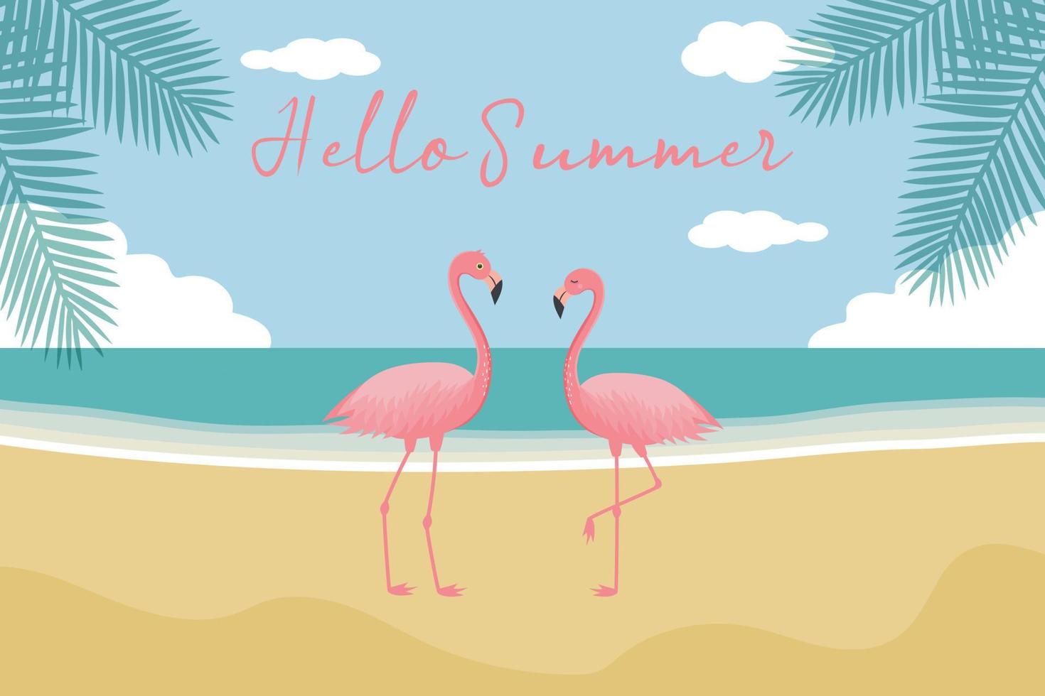 bonjour fond d'été. flamants roses, panorama sur mer et plage, palmiers. vecteur