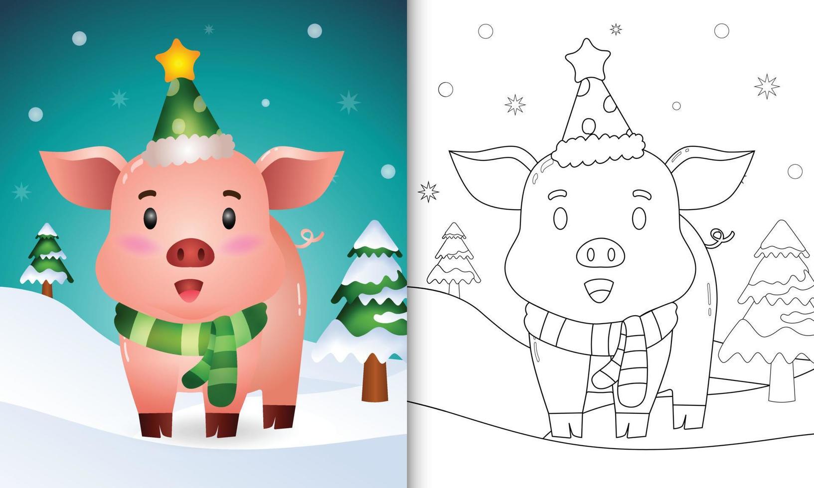 livre de coloriage avec une collection de personnages de noël cochon mignon avec un bonnet et une écharpe vecteur