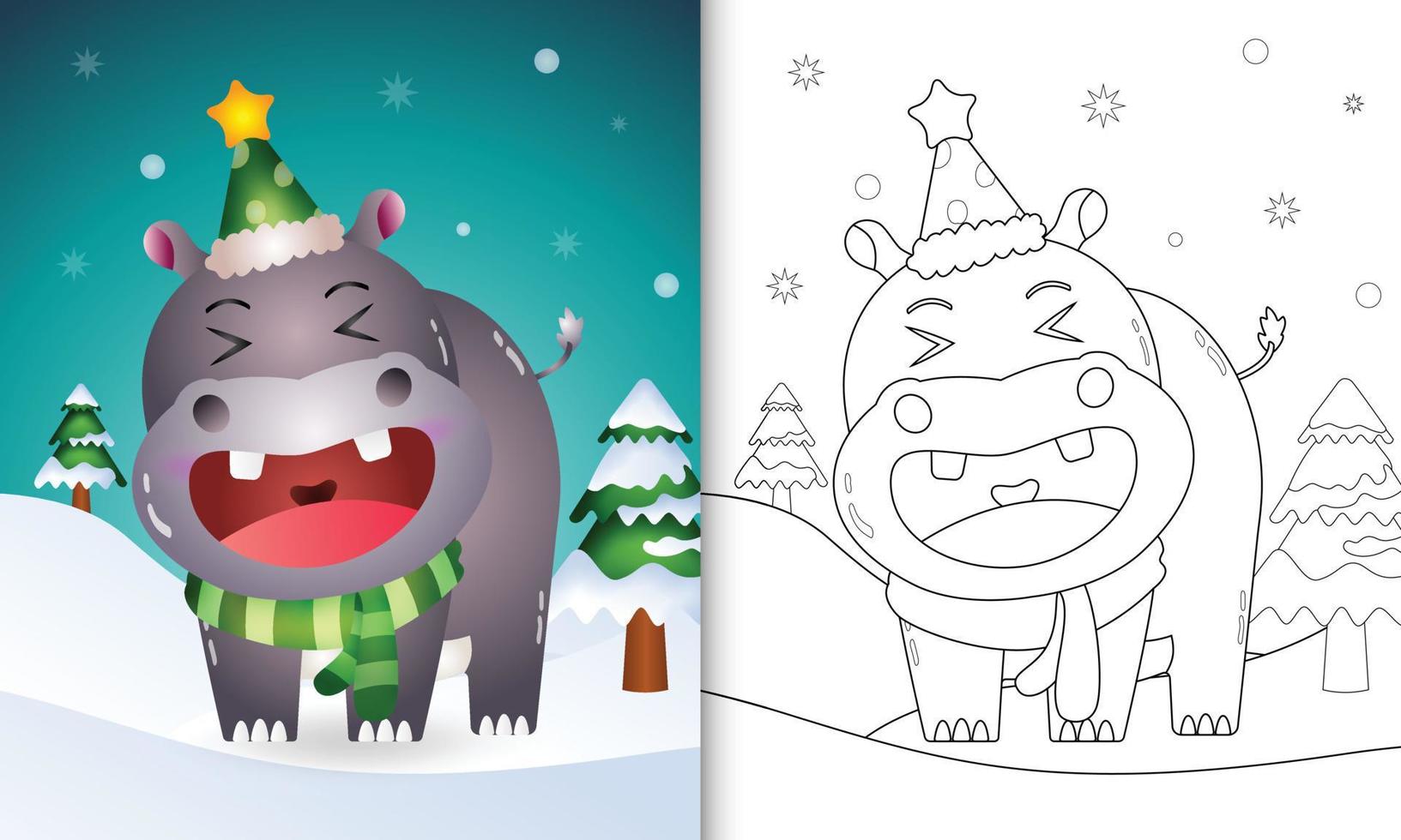 livre de coloriage avec une jolie collection de personnages de noël hippopotame avec un bonnet et une écharpe vecteur