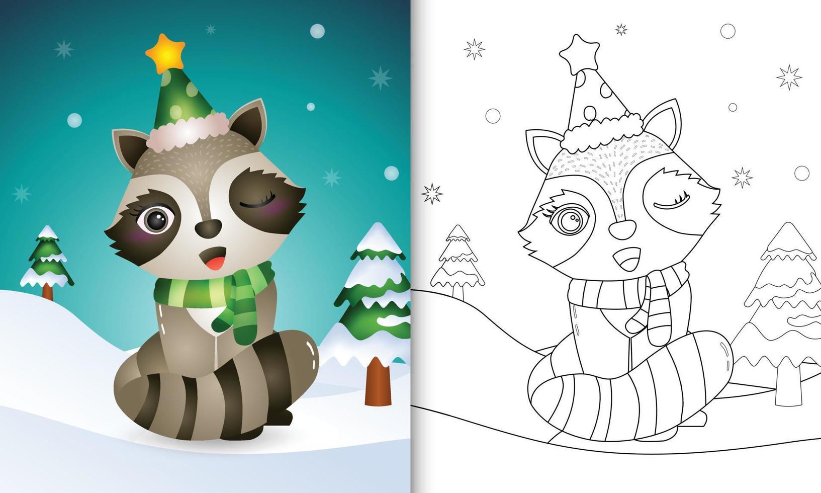 livre de coloriage avec une jolie collection de personnages de noël raton laveur avec un bonnet et une écharpe vecteur