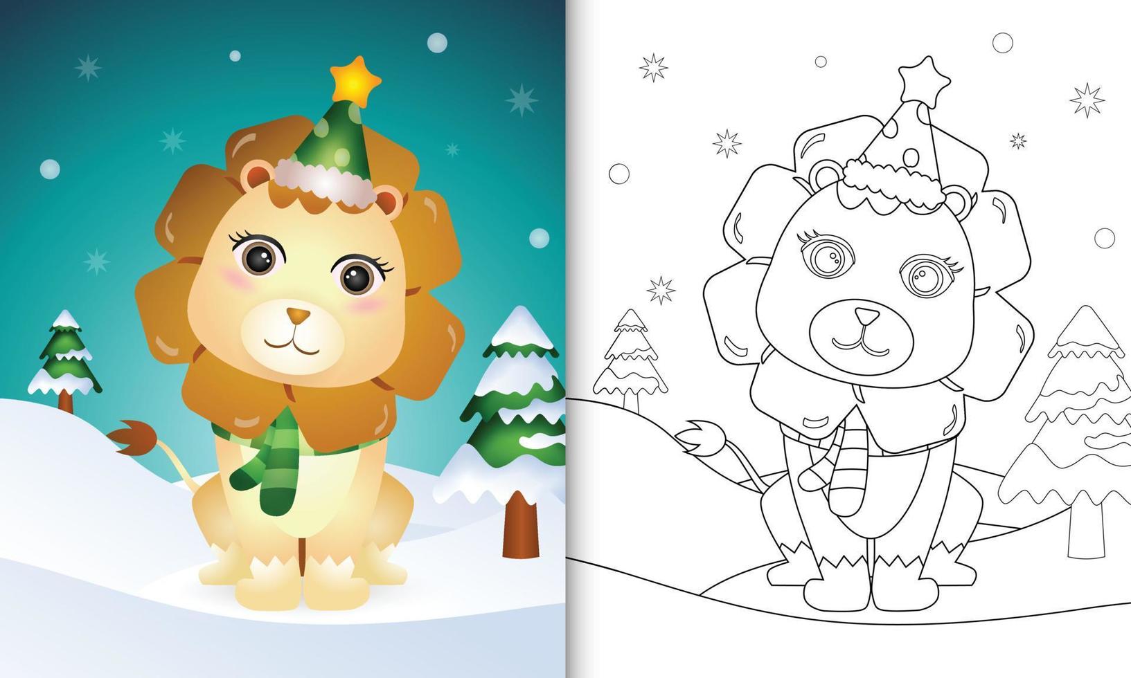 livre de coloriage avec une jolie collection de personnages de noël lion avec un bonnet et une écharpe vecteur