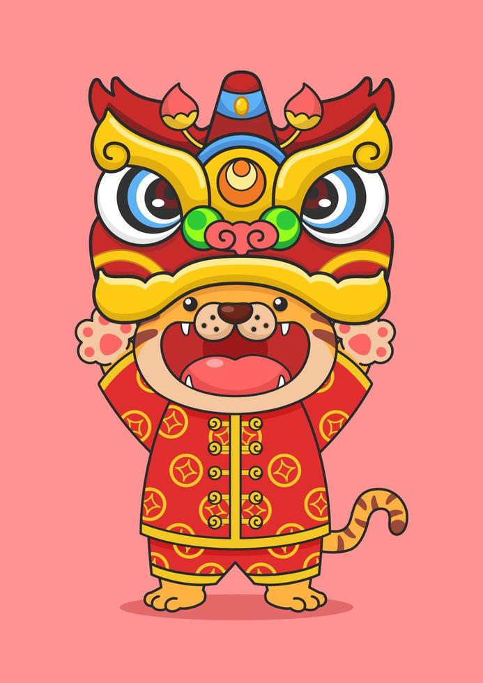 mignon tigre du nouvel an chinois tenant la tête de danse du lion vecteur