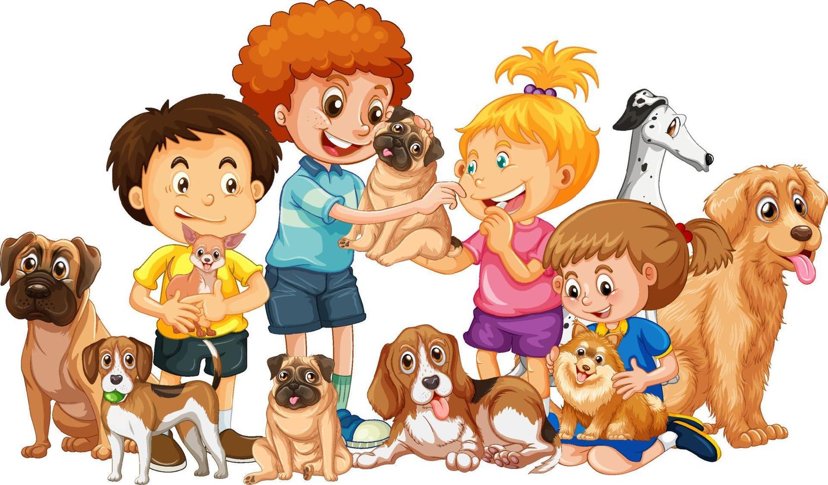 enfants heureux avec leurs chiens en style cartoon vecteur