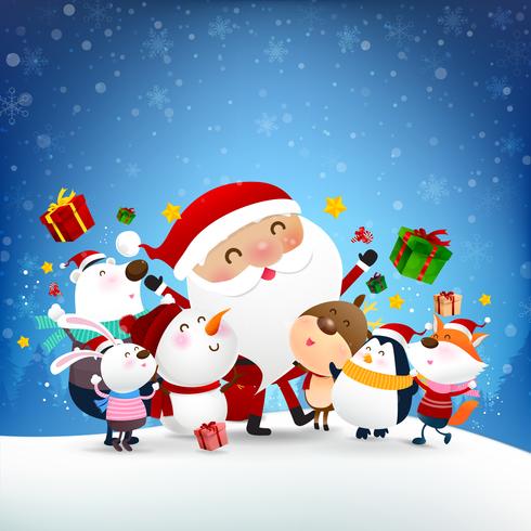 Bonhomme de neige de Noël père Noël et dessin animé animalier sourire avec la neige qui tombe vecteur