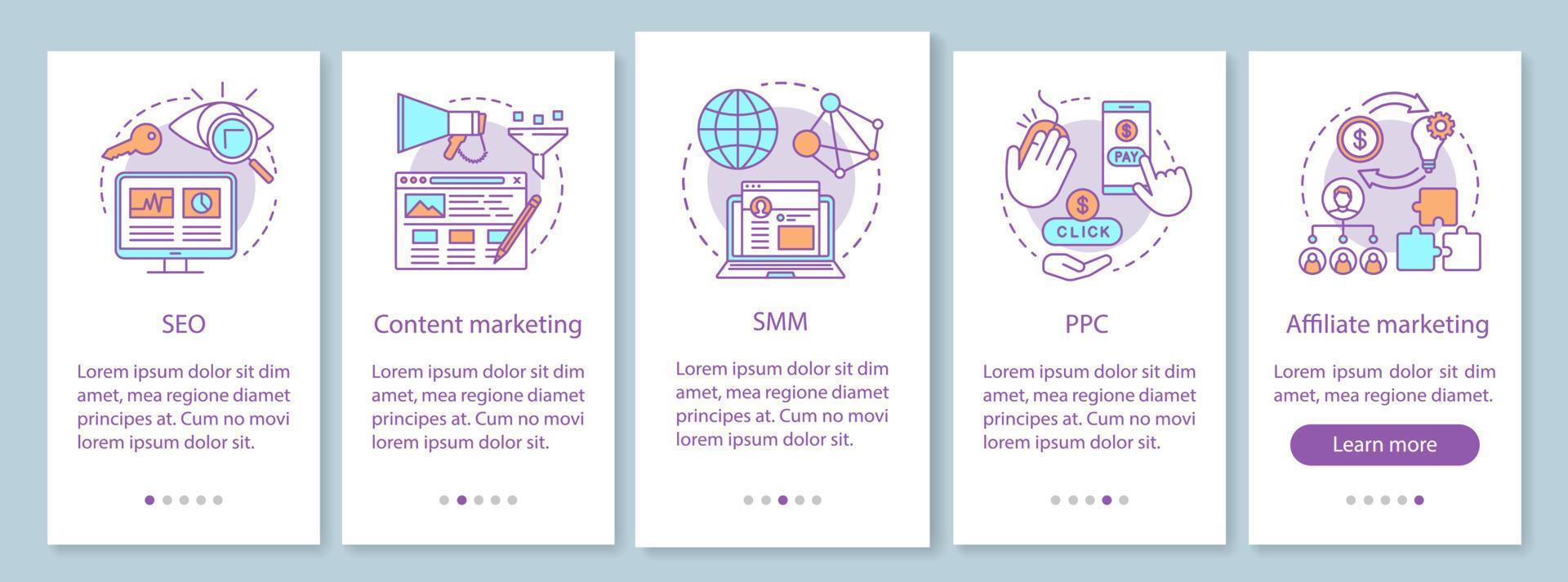 écran de page d'application mobile d'intégration des tactiques de marketing numérique avec des concepts linéaires. seo, smm content marketing walkthrough étapes instructions graphiques. ux, ui, modèle vectoriel gui avec illustrations