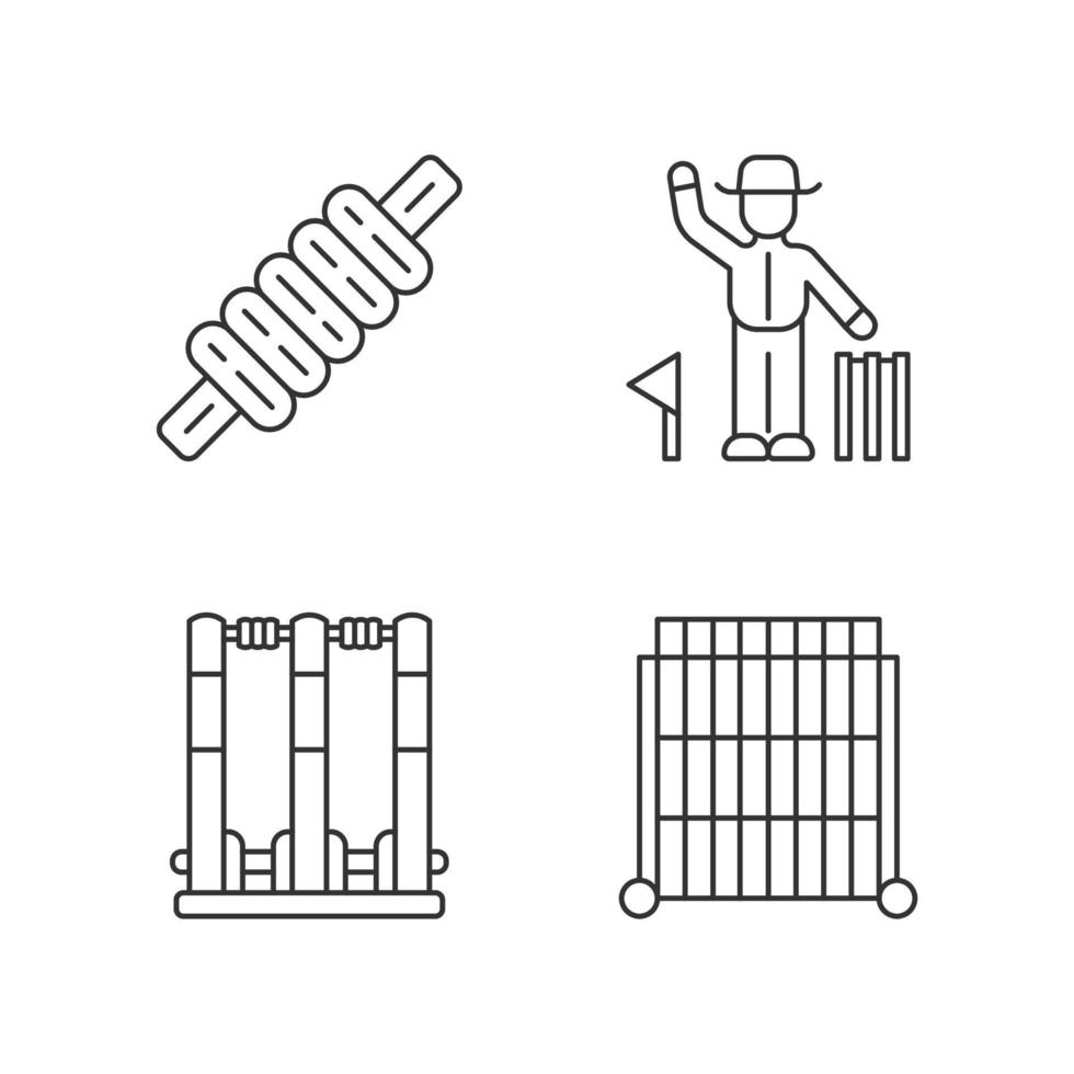 jeu d'icônes linéaires de championnat de cricket. Compétition sportive. caution, souches, écran de vue, arbitre. équipement de sport, juge. symboles de contour de ligne mince. illustrations vectorielles isolées. trait modifiable vecteur