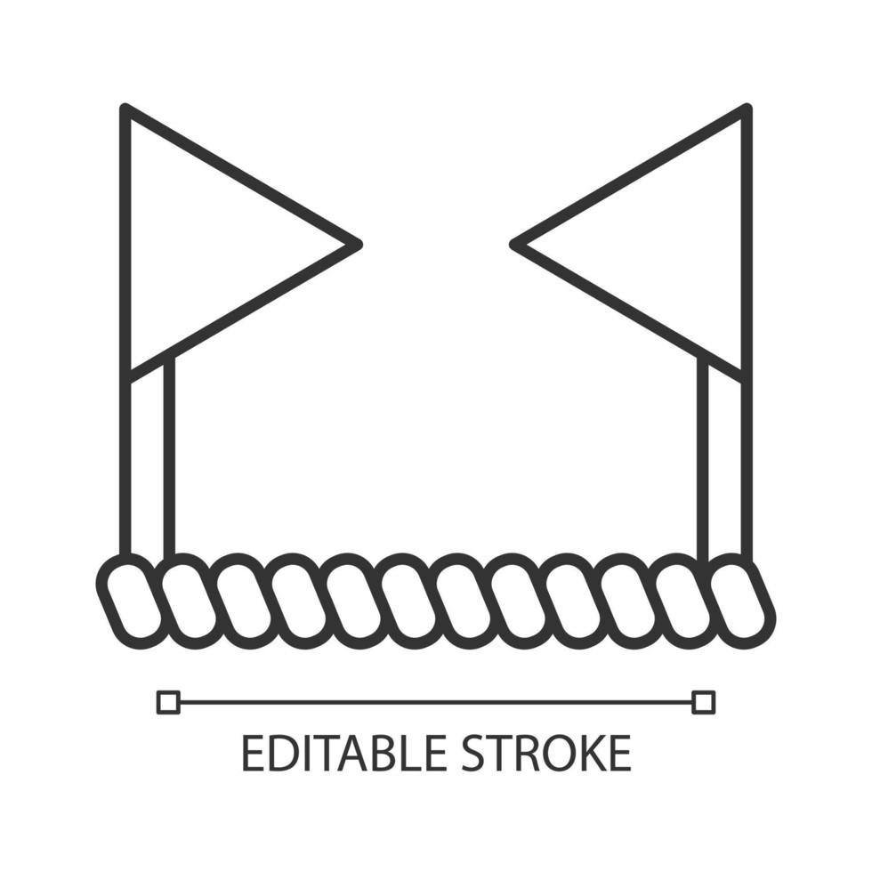 icône linéaire de frontière de cricket. deux drapeaux reliés par une corde. bordure du terrain de jeu. jeu d'équipe de chauve-souris et de balle. illustration de la ligne mince. symbole de contour. dessin de contour isolé de vecteur. trait modifiable vecteur