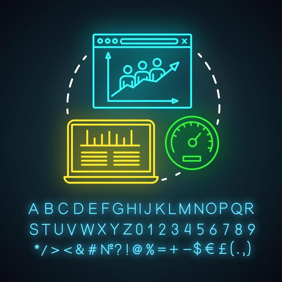 icône de néon de numéro de trafic de site Web. avantage du marketing numérique. visiteurs de la page Web, abonnés. analyses d'audience Internet. signe lumineux avec alphabet, chiffres et symboles. illustration vectorielle isolée vecteur