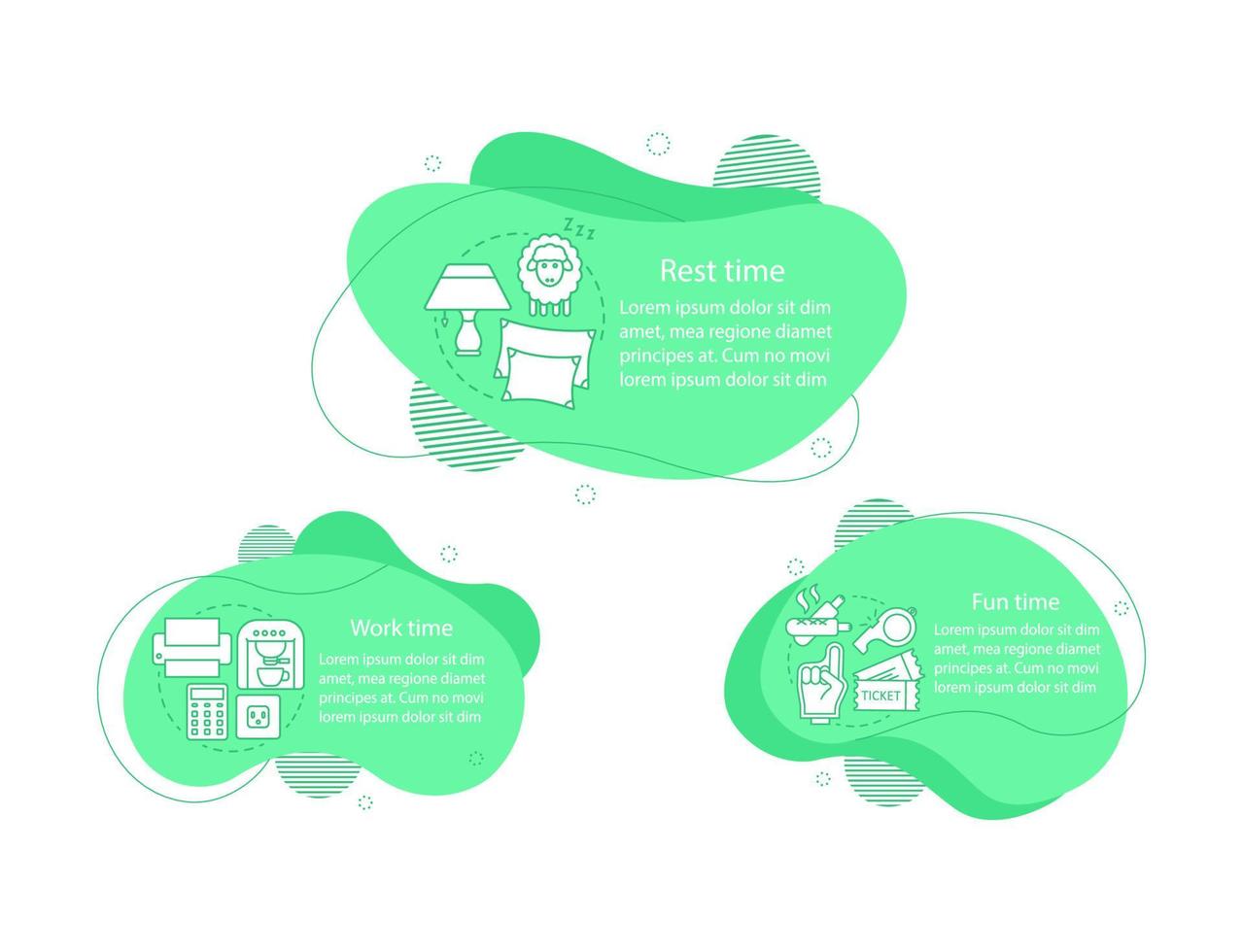 illustrations de concept de routine quotidienne. modèle d'infographie de temps de travail, de plaisir et de repos. éléments fluides avec texte, icônes linéaires. planification de la journée. trois étapes de bulles ondulées. présentation, bannière cliparts vectoriels vecteur