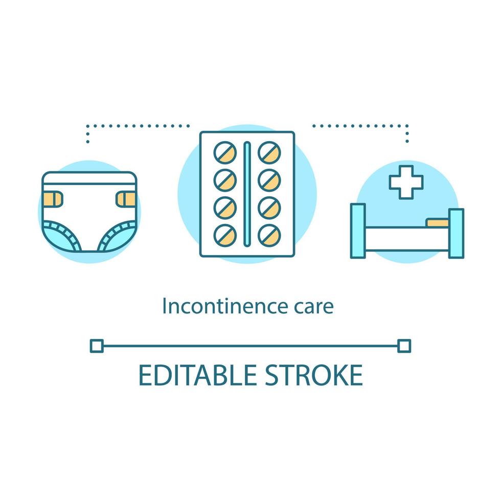 icône de concept de soins d'incontinence. illustration de la ligne mince de l'idée de soins de santé. infection du système urinaire. traitement médical médicamenteux. problème de santé. en utilisant une couche. dessin de contour isolé de vecteur. trait modifiable vecteur