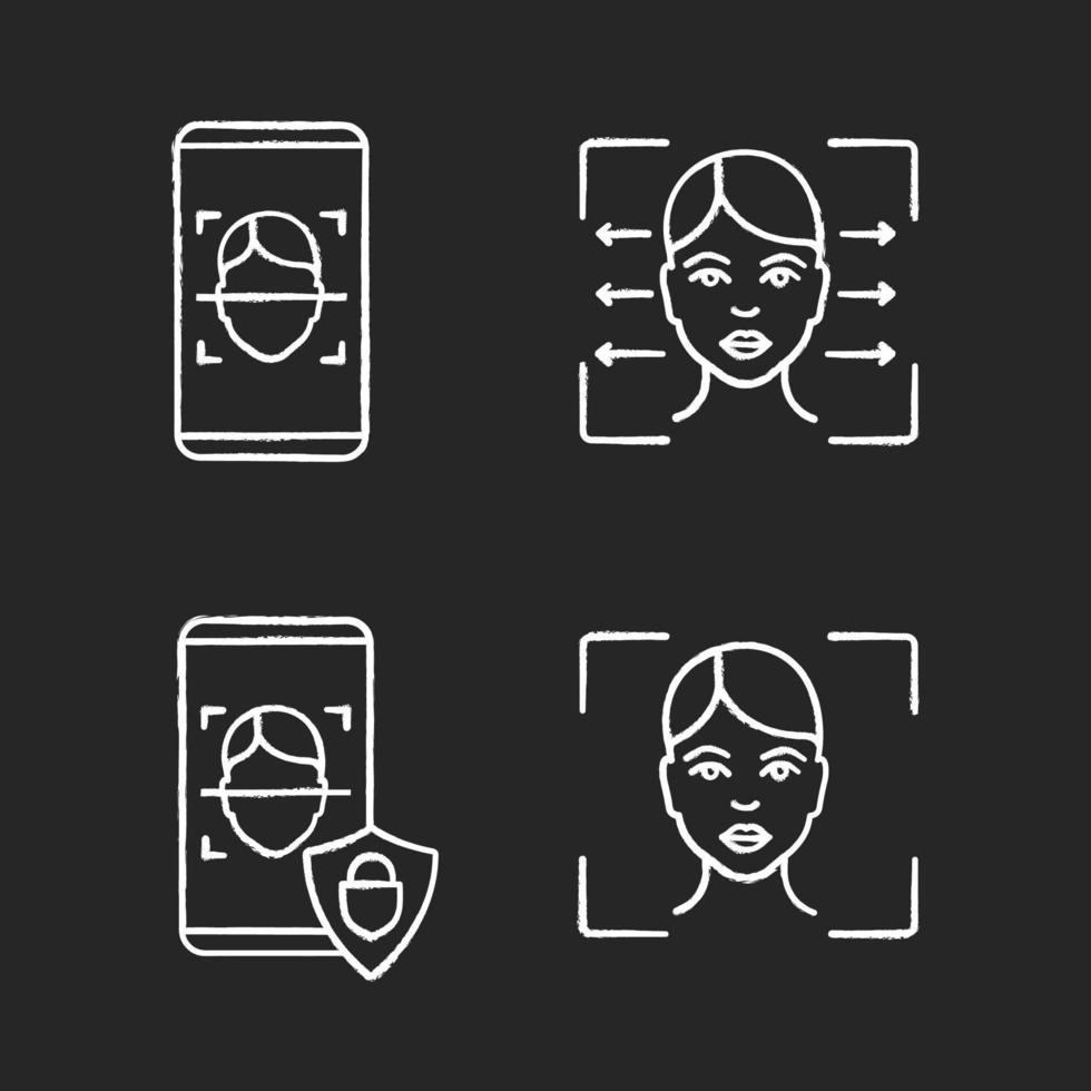 ensemble d'icônes de craie de reconnaissance faciale. identification biométrique. verrouillage du visage et applications bancaires de reconnaissance faciale pour smartphone, lecteur, logiciel de numérisation. illustrations de tableau de vecteur isolé