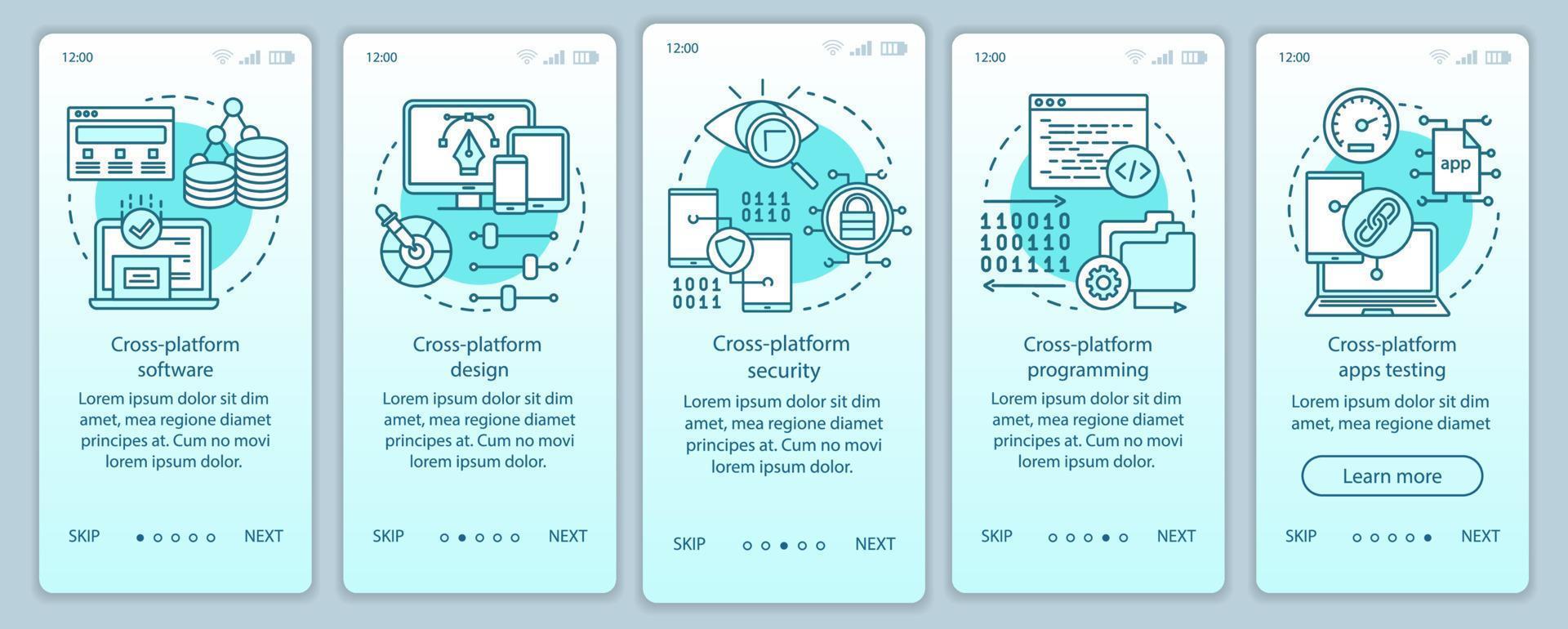 modèle de vecteur d'écran de page d'application mobile d'intégration de logiciel multiplateforme. conception d'applications, tests. étapes du site Web pas à pas avec des illustrations linéaires. concept d'interface de smartphone ux, ui, gui