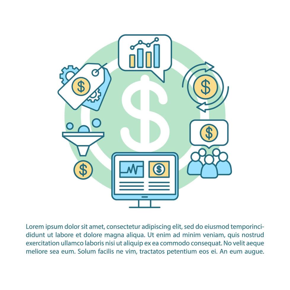 modèle de vecteur de page d'article de tarification. vente saisonnière. brochure, magazine, élément de conception de livret avec icônes linéaires et zones de texte. design d'impression. paiement requis. illustrations de concept avec espace de texte