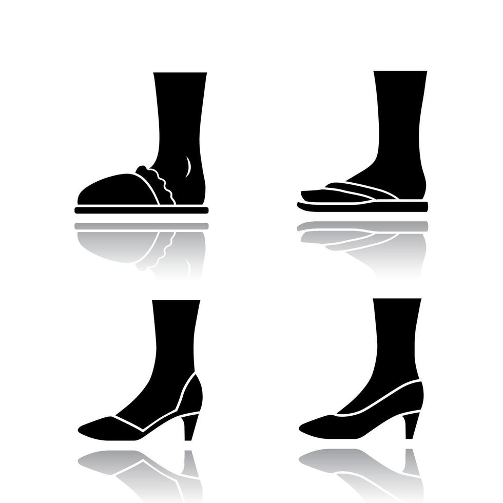 ensemble d'icônes de glyphe noir d'ombre portée de chaussures d'été pour femmes. chaussures féminines élégantes formelles et décontractées. pompes élégantes, pantoufles, tongs. talons hauts à la mode. illustrations vectorielles isolées vecteur