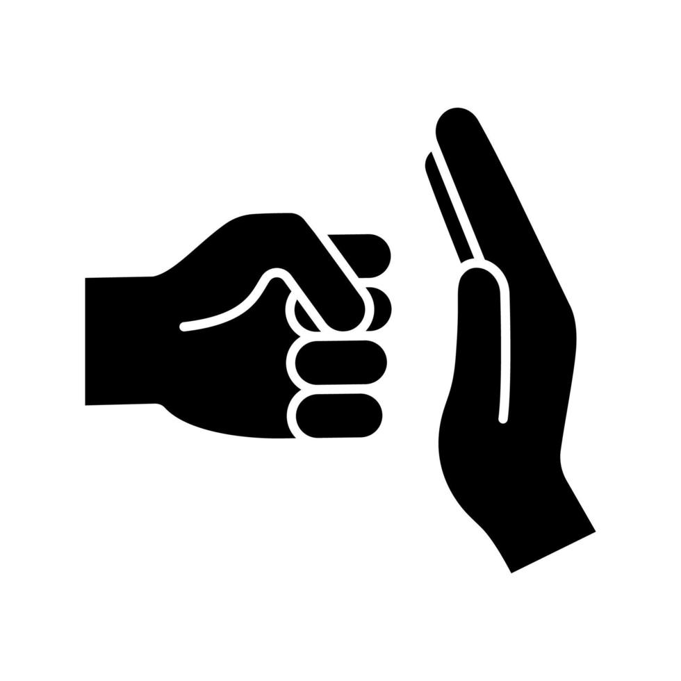 icône de glyphe de violence domestique. symbole de la silhouette. la violence familiale. la violence familiale. homme poing et arrêtez le geste de la main. espace négatif. illustration vectorielle isolée vecteur