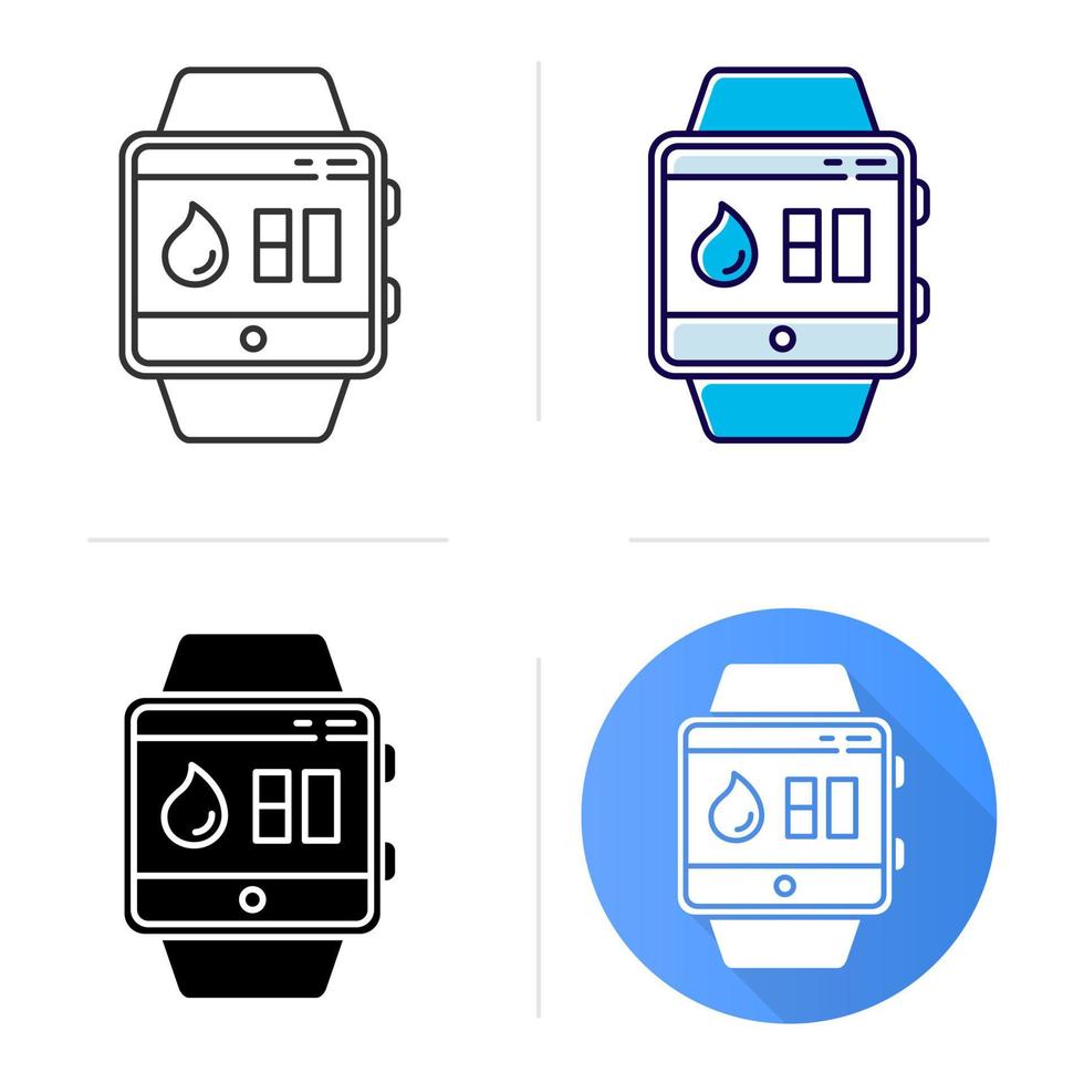 icône de la fonction smartwatch de suivi de l'équilibre hydrique. capacité de bracelet de fitness. rappels et mesures d'hydratation. design plat, styles linéaires et de couleur. illustrations vectorielles isolées vecteur