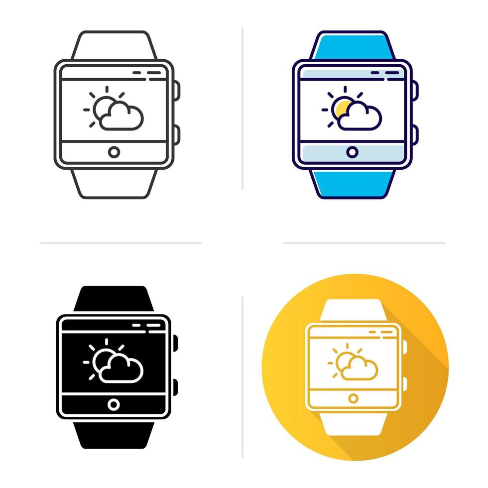 icône de la fonction météo smartwatch. design plat, styles linéaires et couleur. capacité de bracelet de fitness. état actuel de l'atmosphère. température, humidité et vent. illustrations vectorielles isolées vecteur