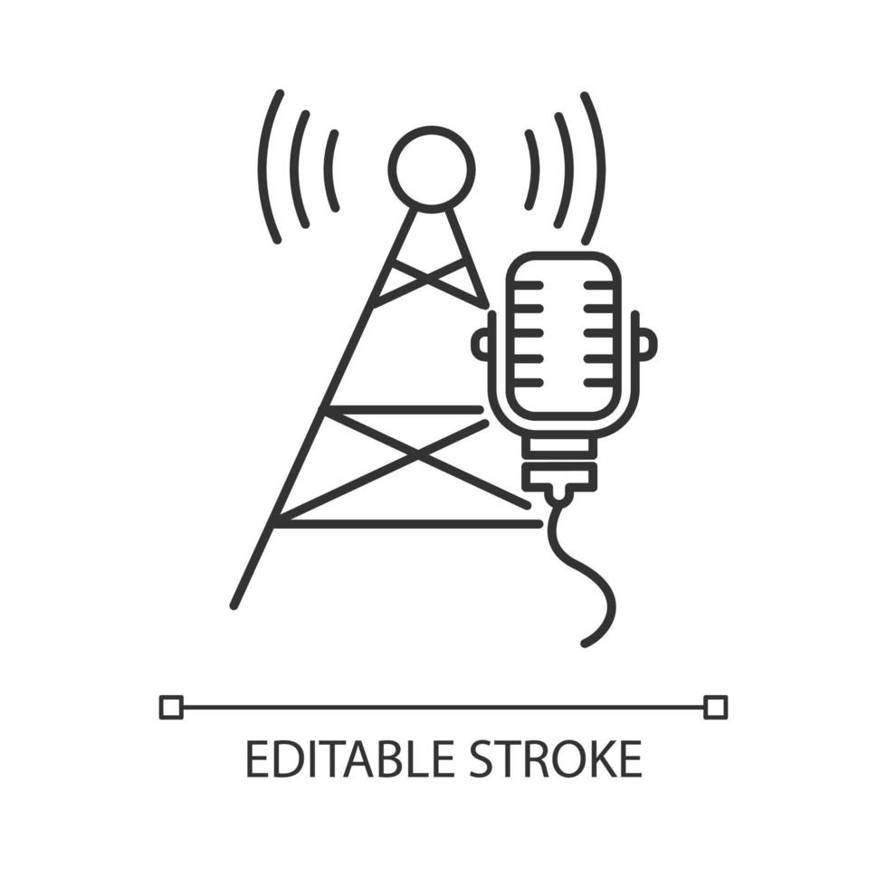 icône linéaire de l'industrie de la radiodiffusion. télécommunications. onde sonore. tour de télécommunication et microphone. nouvelles, radio. illustration de la ligne mince. symbole de contour. dessin de contour isolé de vecteur. trait modifiable vecteur