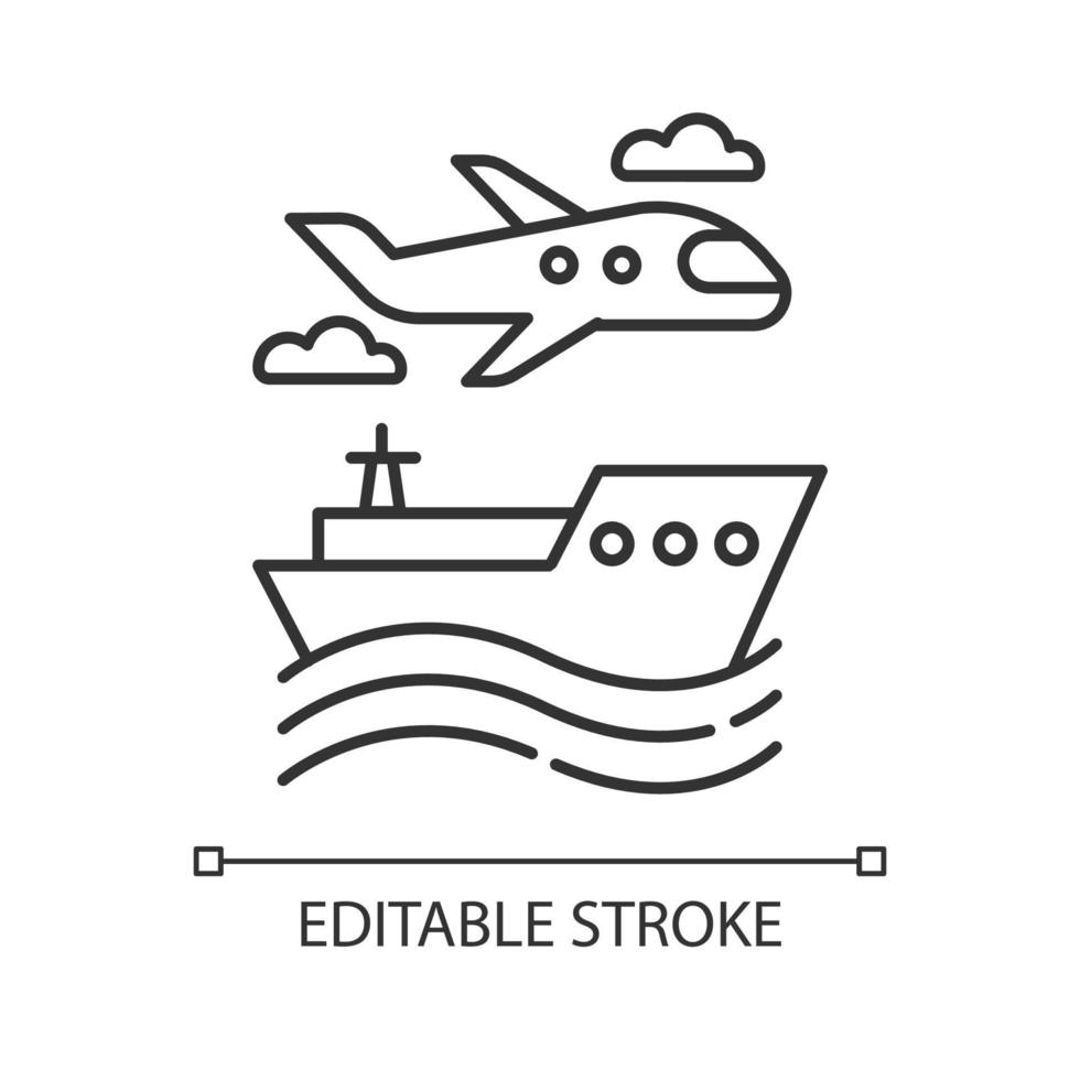 icône linéaire de l'industrie du transport. avion et bateau. voyage, voyage, voyage. vacances, tourisme d'affaires. croisière. illustration de la ligne mince. symbole de contour. dessin de contour isolé de vecteur. trait modifiable vecteur