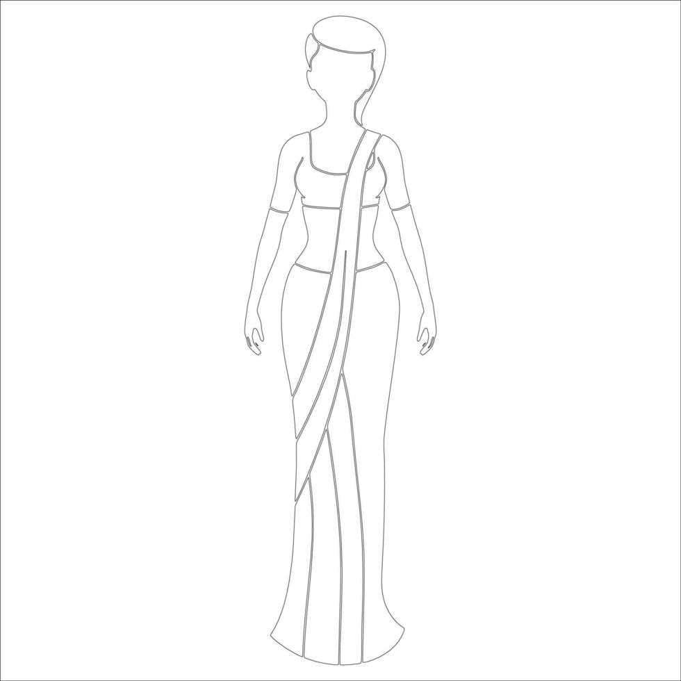 femme en illustration de contour de personnage saree sur fond blanc. vecteur