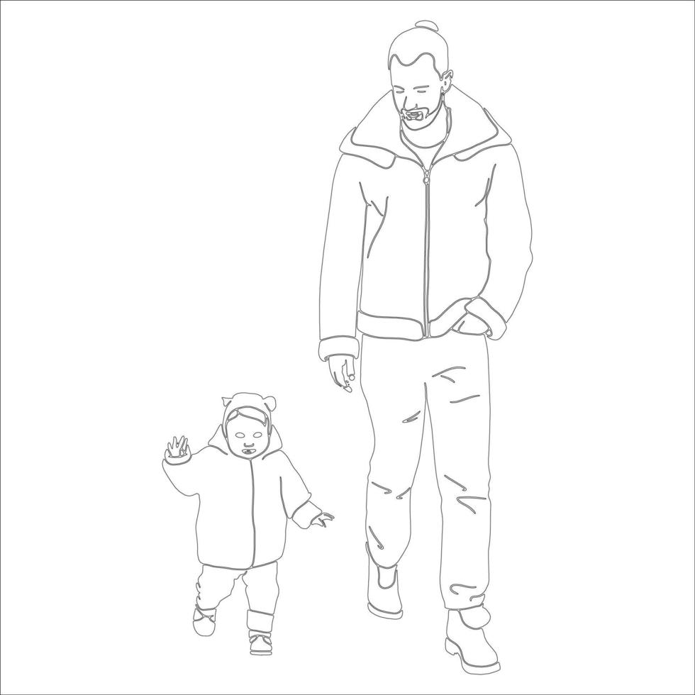 illustration de contour de personnage père et fils sur fond blanc. vecteur